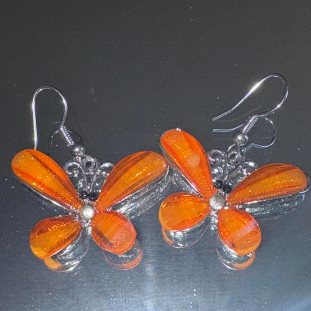 Orange and silver butterfly earrings